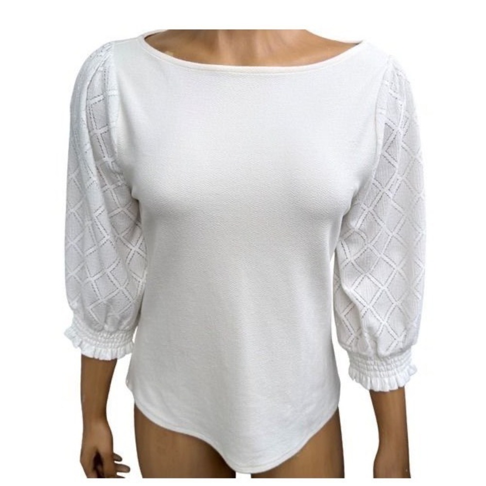 RW&CO White Puff Sleeve Top Womens M Lattice Textured Coquette Girl Romantic